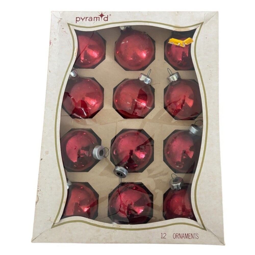 Vintage Pyramid Rauch Glass Christmas Ornaments Red Baubles Set of 12 Shiny Box